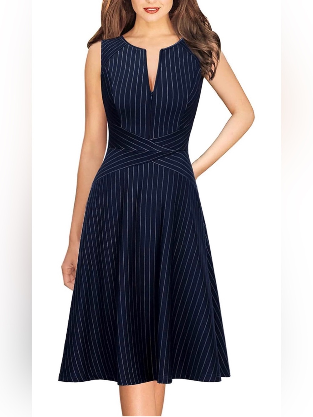 Classic Navy Pinstripe Sleeveless Fit-and-Flare Dress